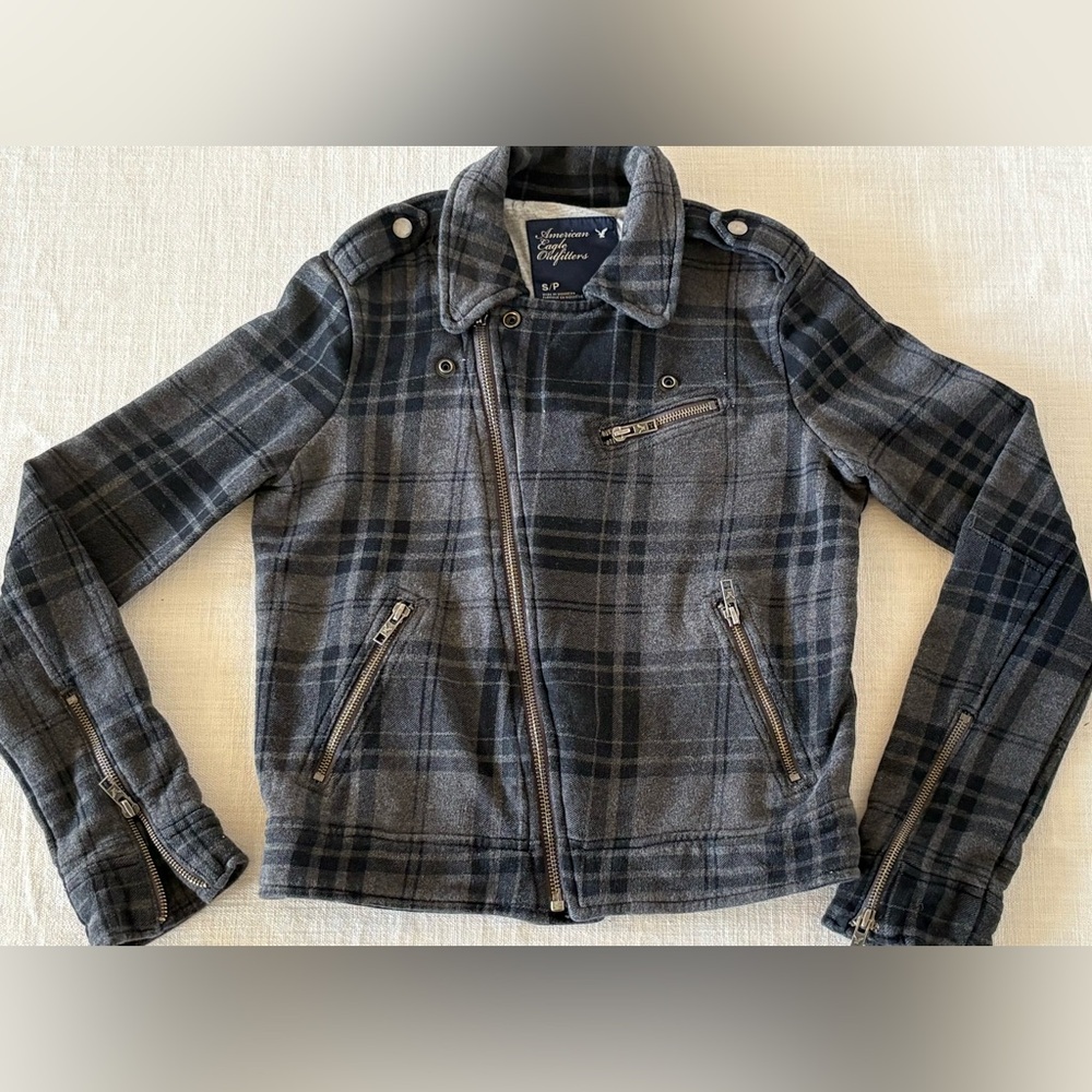 American Eagle Womens Plaid Fleece Moto Jacket Size XS Gray Zip Sleeves Cotton